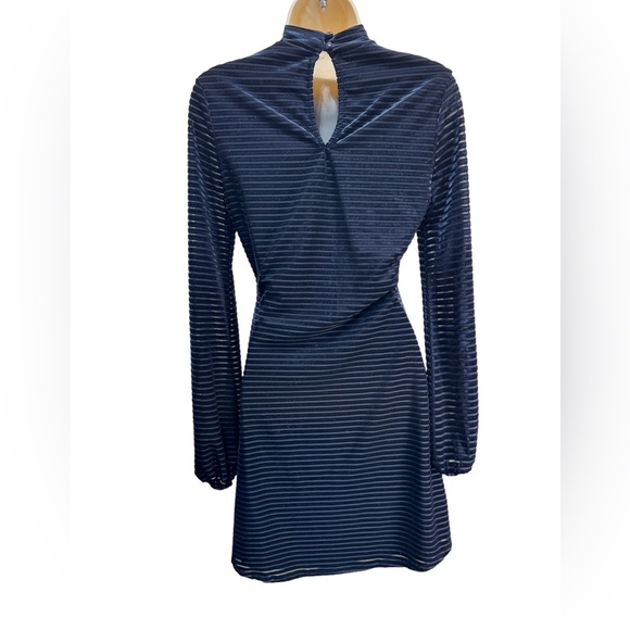 Lulus Ticket to Chic Navy Blue Striped Velvet Balloon Sleeve Dress - Picture 13 of 13